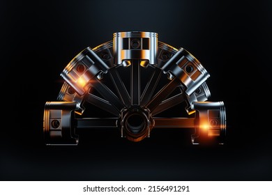 Pistón y biela de conexión de un motor de combustión interna sobre un fondo negro. Concepto coche, reparación, motor. Ilustración 3d, ilustración 3D