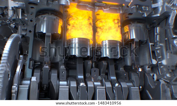 Piston ignition time of car\
engine, Car Engine inside, valves and crankshaft. 3d\
rendering.