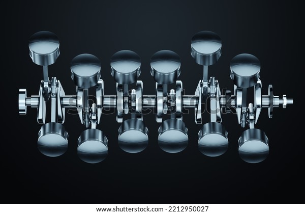 Pistons,\
connecting rods and crankshaft of an internal combustion engine on\
a black background. Concept art, engine operation, V-12, repair,\
engine, car. 3D rendering, 3D\
illustration