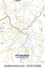 Pittsburgh - Pennsylvania map. Pittsburgh - Pennsylvania road map. Illustration of Pittsburgh - Pennsylvania streets. Pittsburgh - Pennsylvania transportation network. Printable poster