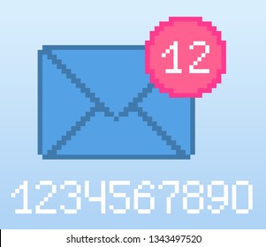 Pixel 8 Bit Blue E-mail Notification With Pink Circle And Digits. 0-9 Digits Set. Social Networks Notification Icon.