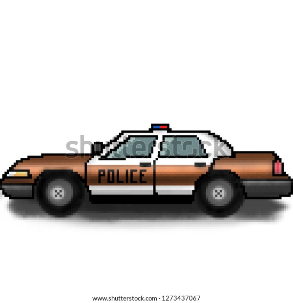 Pixel 8 bit drawn multicolored police cruiser with\
emergency lights