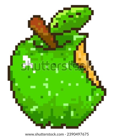 a pixel apple. that has been bitten. this apple is green in color and has a white background.