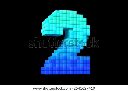 Pixel art 3D typeface digit number 2 in blue gradient color composition. High quality 3D rendering.