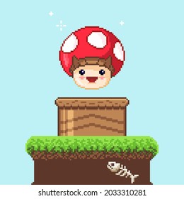 Pixel Art  8 Bit Game Scene With Mushroom. Pixelart Jumping Mushroom For Game.