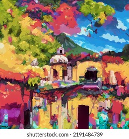 Pixel Art Of Antigua, Guatemala For NFT, Game, Wallpaper, Background. Heritage, Wonders Of The World, Old Architecture.