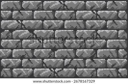 Pixel art background with seamless pattern of weathered and cracked, grey dungeon wall bricks. for 2D game backgrounds, wallpaper, game asset, digital art, retro game, pixelated stone texture.