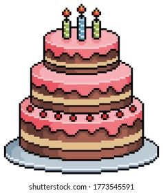 Pixel Art Birthday Cake. 8bit Game Item On White Background