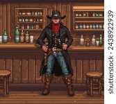 pixel art of a bounty hunter man wearing a black hat in a wild west bar with two revolvers on his left side, hyper realistic, photo shoot, vogue, glamour, Nikon D850, 200mm f 2