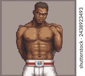 pixel art of a boxer with his hands in the air poses, in the style of dark white and light brown, go nagai, realist detail, herb ritts, thomas blackshear, wrapped, flickr