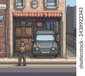 pixel art of a british delivery driver looking at an iphone, delivery van with a dry cleaning delivery van behind him with clothes hanging inside, sunlight, Canon EOS 5D Mark IV camera with a Canon EF