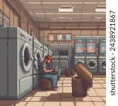 pixel art of a british person using a laptop in a laundromat, sunlight, Canon EOS 5D Mark IV camera with a Canon EF 2470mm f28L II USM lens