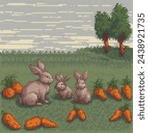 pixel art of a bunny family in a field eating carrots, matisse, 1840 style, faded