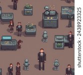 pixel art of a business man wearing a suit gives cash to a robot, detailed, photo realistic image using a 85mm lens and f28 aperture, cinematic view, v 5 q 2