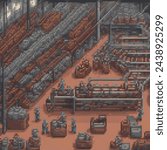 pixel art of A busy factory with workers and machines Detroit, Michigan Bright overhead lighting 35mm, photorealistic, Canon EOS 5D Mark IV DSLR, f56 aperture, 1125 second shutter speed, ISO 100