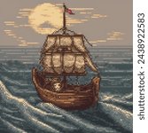 pixel art of a cage with a tiger on board of an old sailing boat, 1850s, captain on deck, waves, sunny weather, highly detailed photograph, super realistic, 35mm lens, f18, accent lighting, global