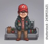 pixel art of a canadian dry cleaning delivery driver in a baseball cap and jacket looking at an iphone, delivery van with clothes hanging inside behind him, sunlight Canon EOS 5D Mark IV camera with a