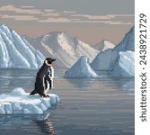 pixel art of A captivating and heartwarming photograph of a charismatic penguin, gracefully waddling along the icy shores of the Antarctic, with a mesmerizing landscape of snowcapped mountains and