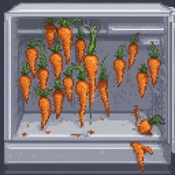 Pixel Art Of A Carrot Soaked In Water And Tucked Away In The Refrigerator Is About To Grow Arms And Legs And Dance Intricate Detail Sequence,