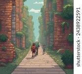 pixel art of A cartoon like grand father and cartoon like young adult walking away on a long journey in the style of Pixar and Disney style The focus of the image should be on the long path ahead of