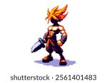 Pixel art character with spiky flame-like hair, holding a large sword, muscular build, boots, bright colors, dynamic pose