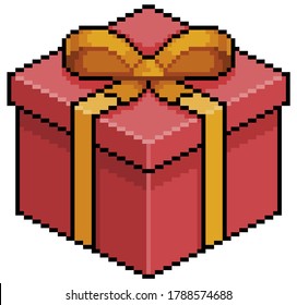 Pixel Art Christmas Or Birthday Gift. Red Box. 8bit Game Item On White Background