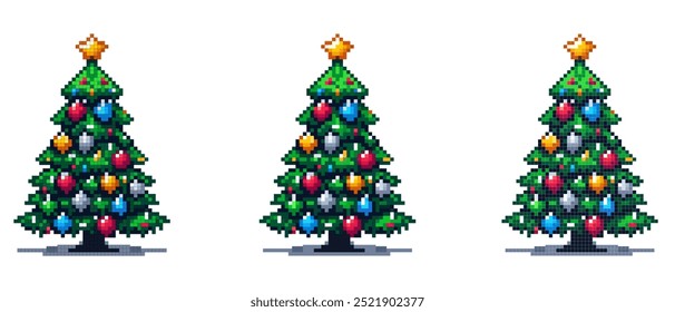 A pixel art Christmas tree adorned with multicolored baubles and topped with a shining star. - Powered by Shutterstock