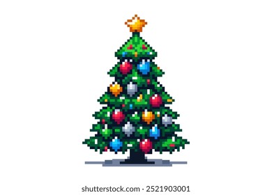 A pixel art Christmas tree adorned with multicolored baubles and topped with a shining star. - Powered by Shutterstock