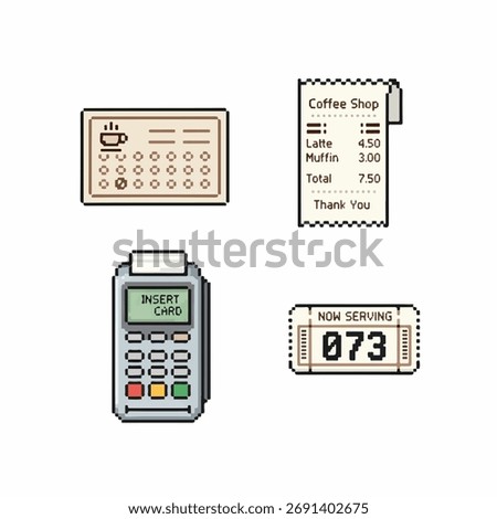 Pixel art coffee shop elements: menu, receipt, payment terminal, and number ticket