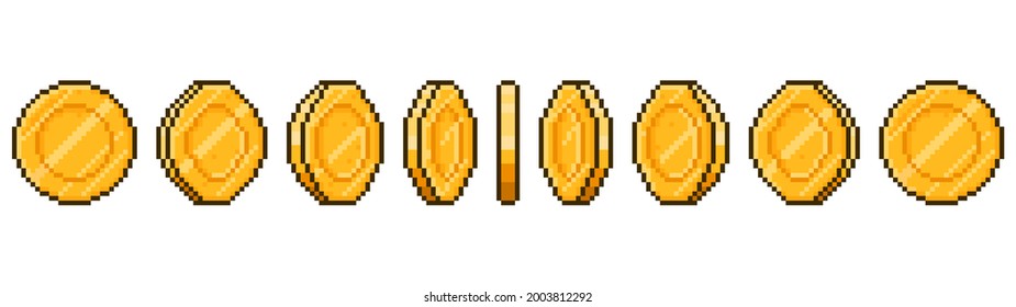 Pixel Art Coin Animation. Game Ui Golden Coins Rotation Stages, Pixel Game Money Animated Frames  Illustration. Gold 8 Bit Coins Animation. Coin Cash, 8-bit Gaming Videogame, Bonus For Game