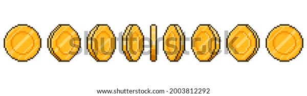 Pixel art coin animation. Game ui golden coins\
rotation stages, pixel game money animated frames  illustration.\
Gold 8 bit coins animation. Coin cash, 8-bit gaming videogame,\
bonus for game