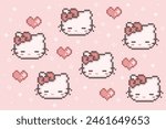 Pixel art of cute Hello Kitty and pink hearts love icon with pastel or pink background, can be used for wallpaper, template card and background.