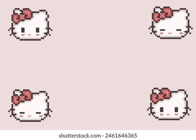 Pixel art of cute Hello Kitty with pastel or pink background and copy space, can be used for wallpaper, template card and background.