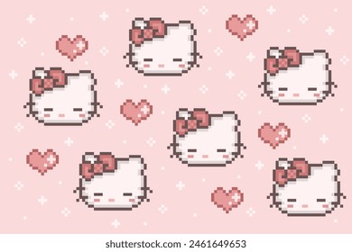 Pixel art of cute Hello Kitty and pink hearts love icon with pastel or pink background, can be used for wallpaper, template card and background.