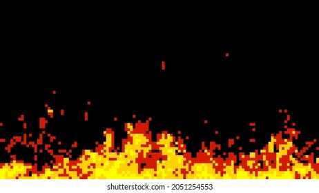 Pixel art flame isolated on black background. Bright Burning fire, flying sparks. Old school 80s, 90s graphic style illustration. Computer, console video games style. Arcade. 8 bit
