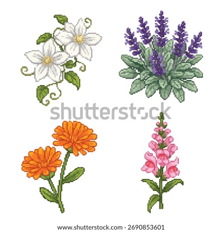 Pixel art flowers set for creative designs