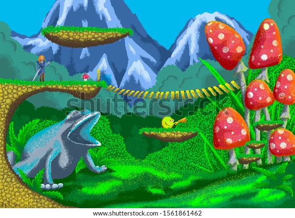 Pixel art\
game background with frog, grass,\
mushrooms