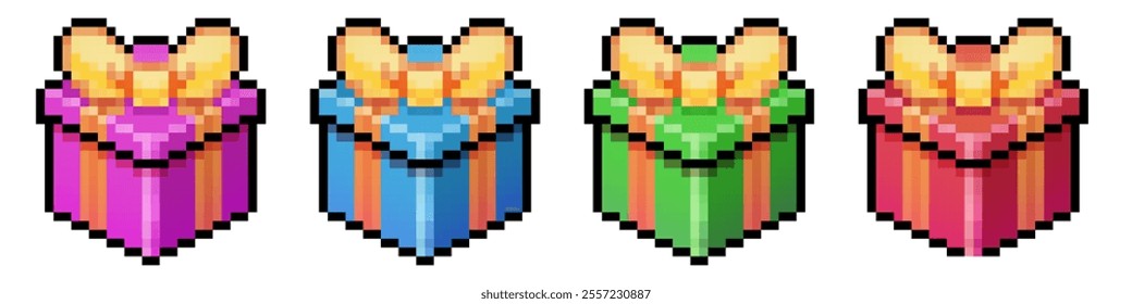 Pixel art gifts with colorful wrapping paper, festive bows, and holiday cheer - Powered by Shutterstock