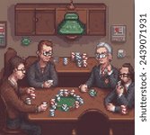pixel art of a grad student training AI to play poker, political satire