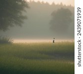 pixel art of A green meadow, sunrise, fog lies over the meadow, a stream meanders through this meadow, a heron catches fish, nature, moody, sony a7iii, 120mm, f4