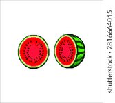 Pixel art half cut open watermelon 16-bit retro video game sprite clipart isolated on white background