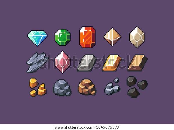 Pixel Art Icons Containing Ores Minerals Stock Illustration