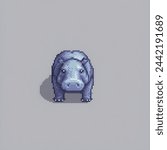 A pixel art image of a blue hippo with a large eye, standing in front of a grey background.