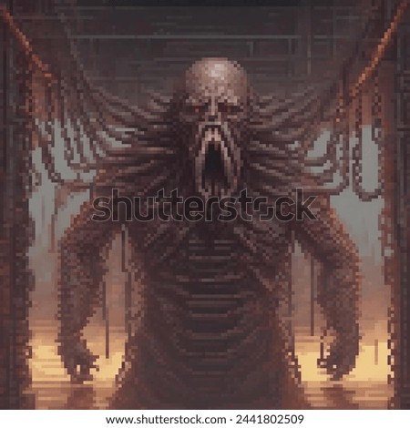 A pixel art image depicts a monstrous creature with a large mouth, surrounded by chains, standing in a dark, eerie setting. Stock foto © 