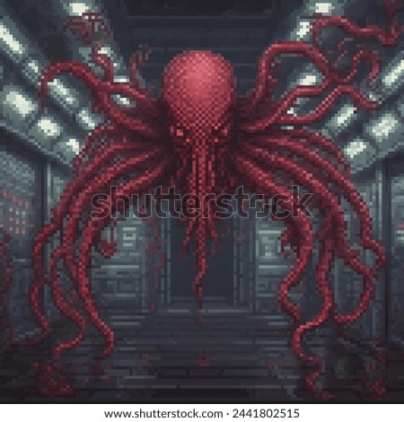 A pixel art image depicts a monstrous octopus with a menacing face, towering over a dark, empty room with brick walls. Stock foto © 