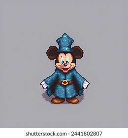 A pixel art image of Mickey Mouse, a wizard, standing in a blue robe with a smile, against a gray background.