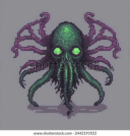A pixel art image of a monstrous creature with a green skull, tentacles, and a purple background. Stock foto © 