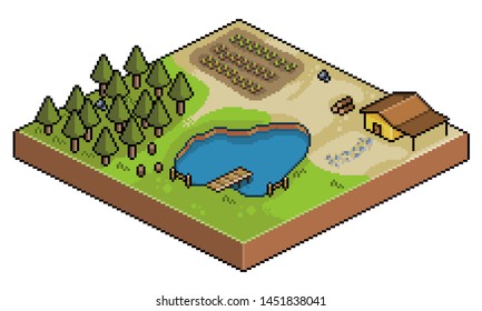 Pixel Art Isometric Farm, Plantation, House, Lake, Vector 8bit Game Scenario
 