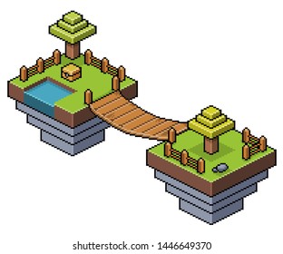 Pixel Art Isometric Islands In The Sky With Trees, Bridge, Lake And Fence 8bit Game Scenario
