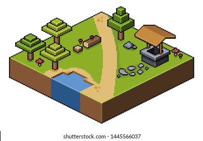 
Pixel Art Isometric Landscape Forest With Trees, Road, Water Well 8 Bit Game Scenario
